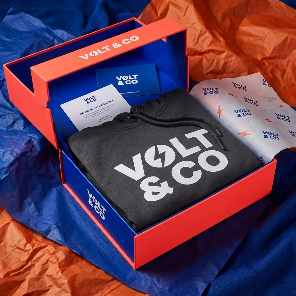 Branded startup PR kit: box, hoodie, and card