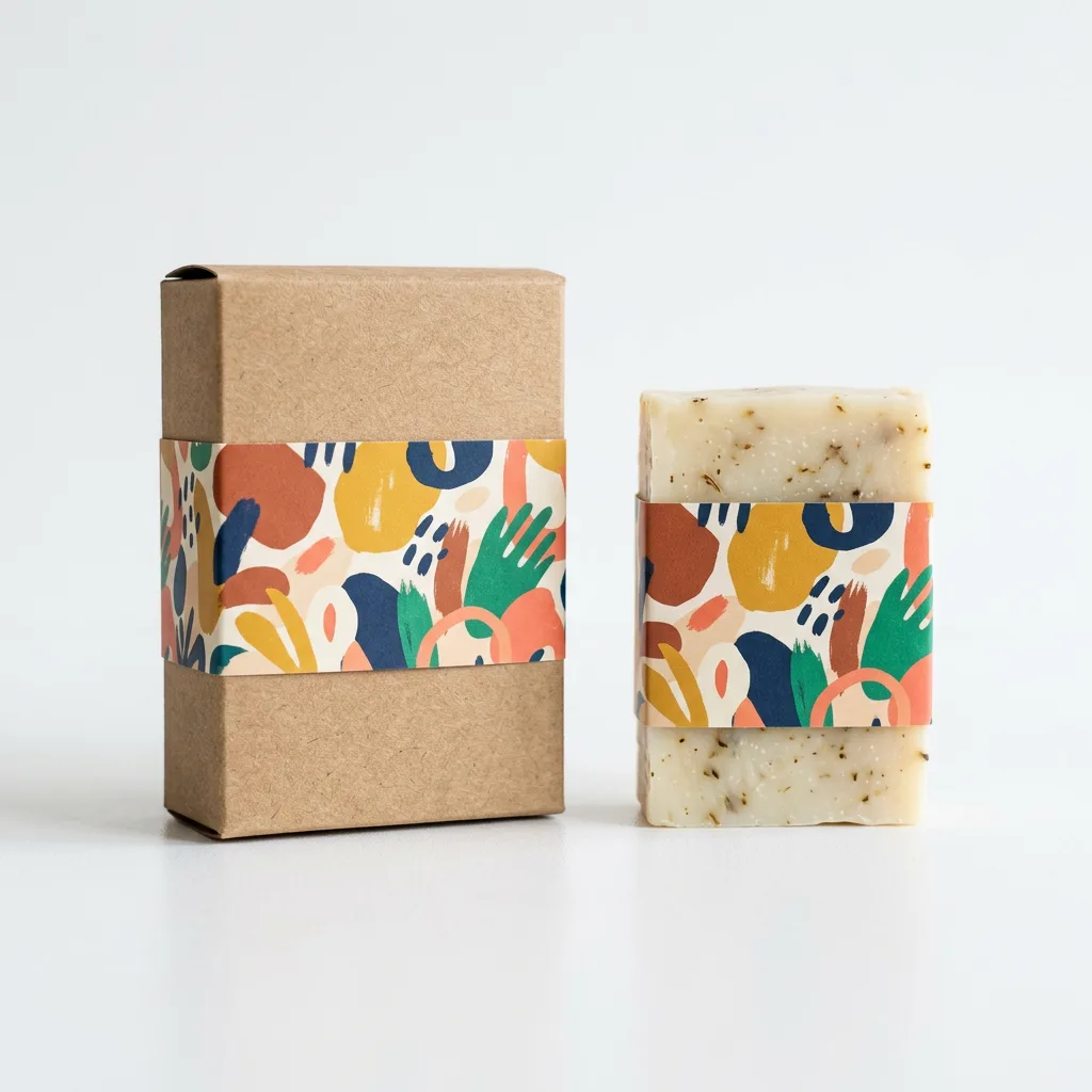 Custom printed paper belly bands wrapping a kraft soap bar, a candle jar, and folded apparel