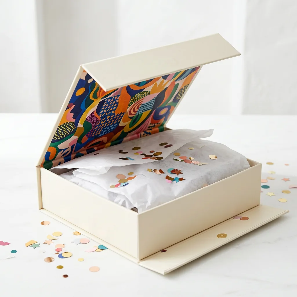 Rigid magnetic-closure influencer PR box with a custom insert holding beauty products, printed with full-color branding