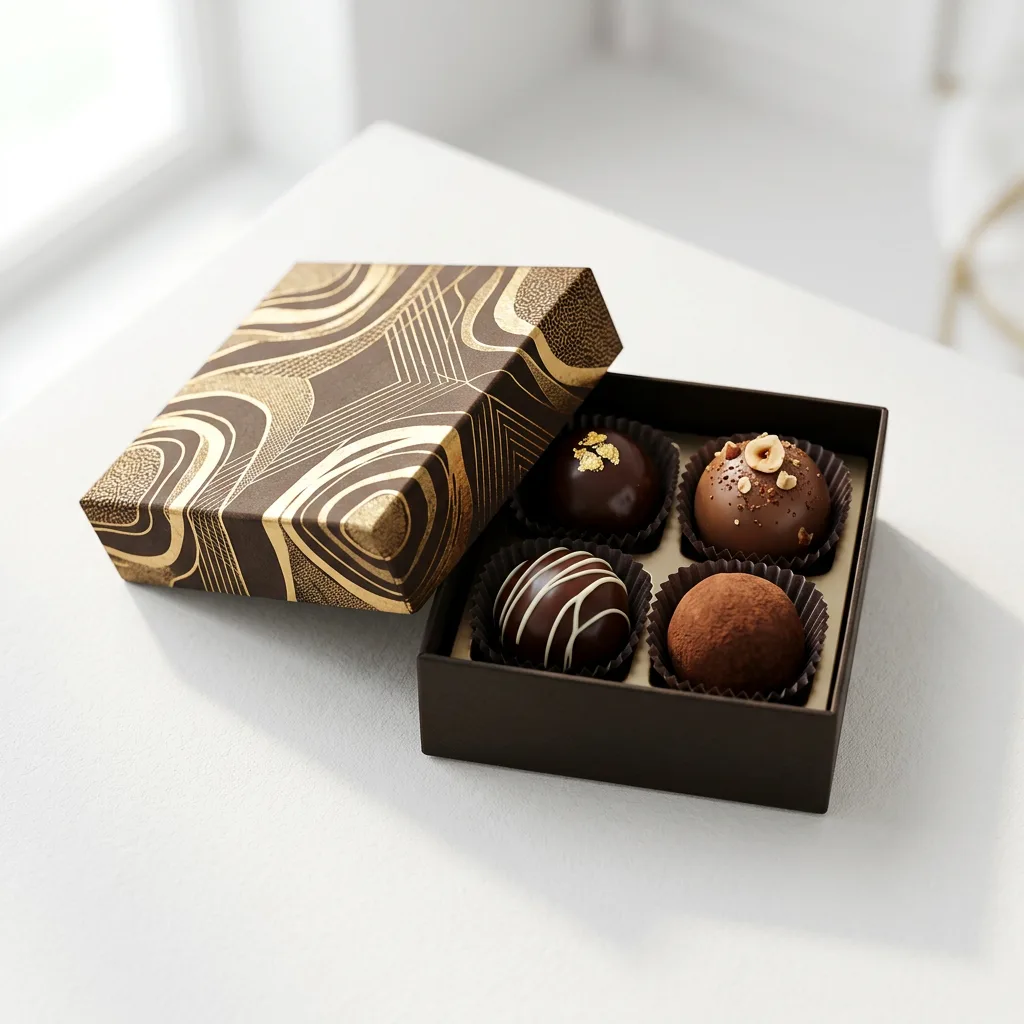 Custom printed truffle boxes for chocolatiers: a tapered ballotin, a windowed box, and an open lidded box with paper candy cup inserts holding assorted chocolate truffles